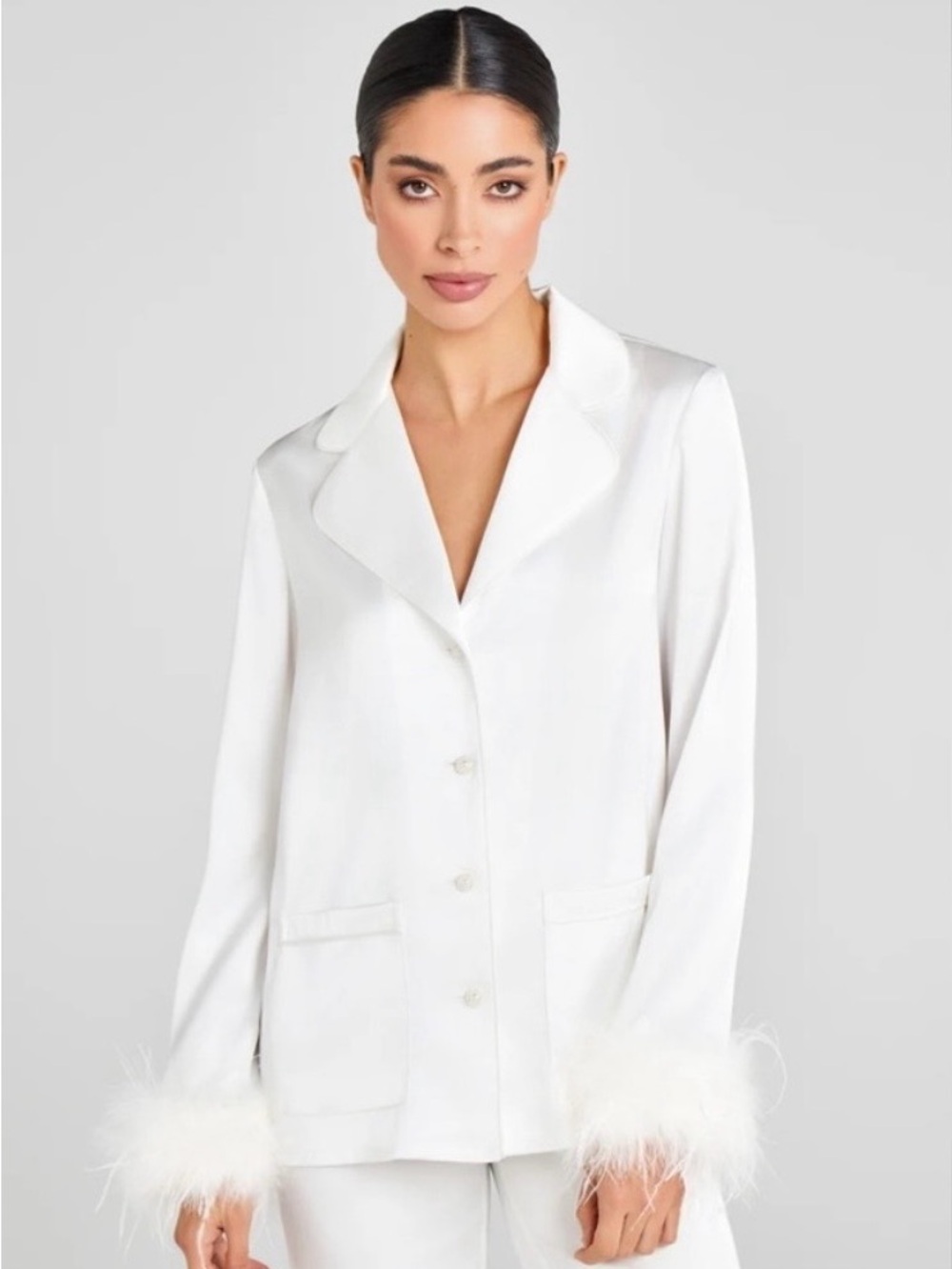 NADINE MERABI White Feather-Trim Satin Pajama Set - Picture 2 of 3